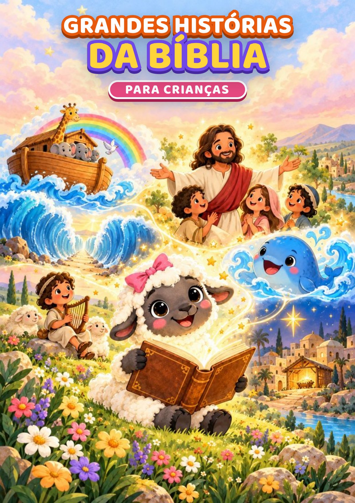 Capa: ovelhinha Lulu lendo a Bíblia, com a arca de Noé, o mar aberto, Jesus com crianças e a baleia de Jonas