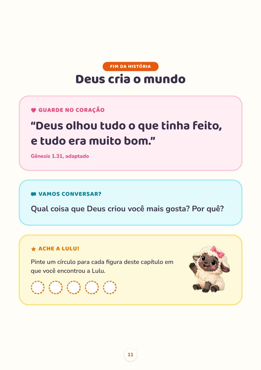 Página de fim da história com versículo, pergunta para conversar e atividade Ache a Lulu