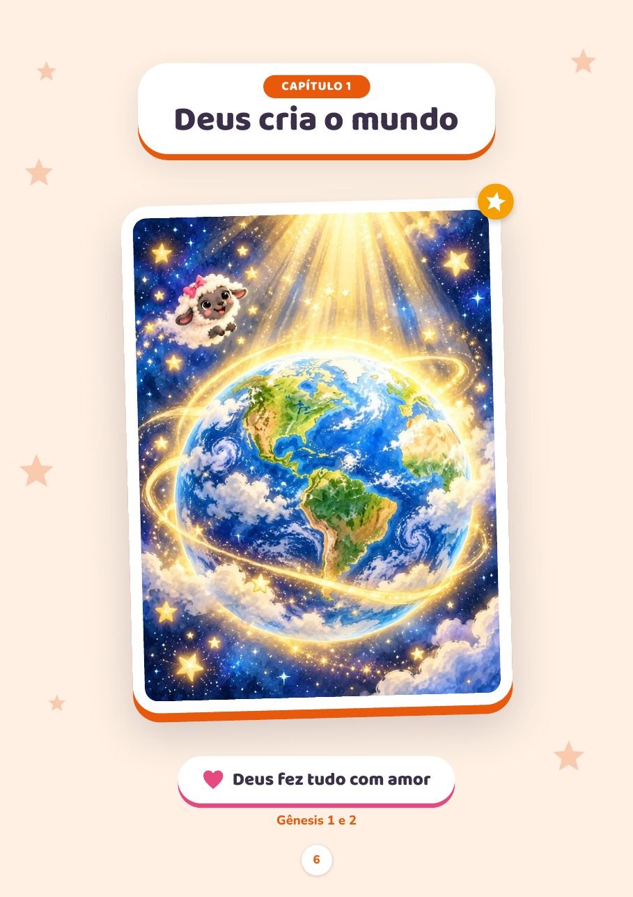 Abertura do capítulo 1, Deus cria o mundo, com ilustração da Terra brilhando entre estrelas