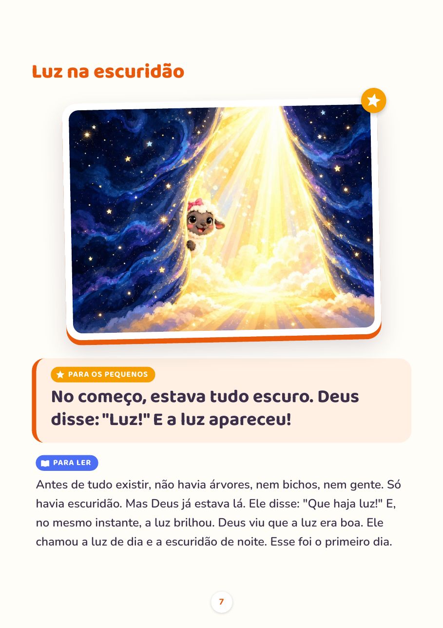 Página Luz na escuridão, com ilustração, frase para os pequenos e texto para ler